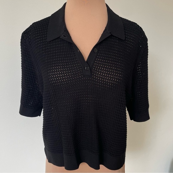 Theory Aronalee Prosecco Black Short-Sleeve Mesh Knit Button Polo Shirt EUC Sz S - Picture 1 of 9